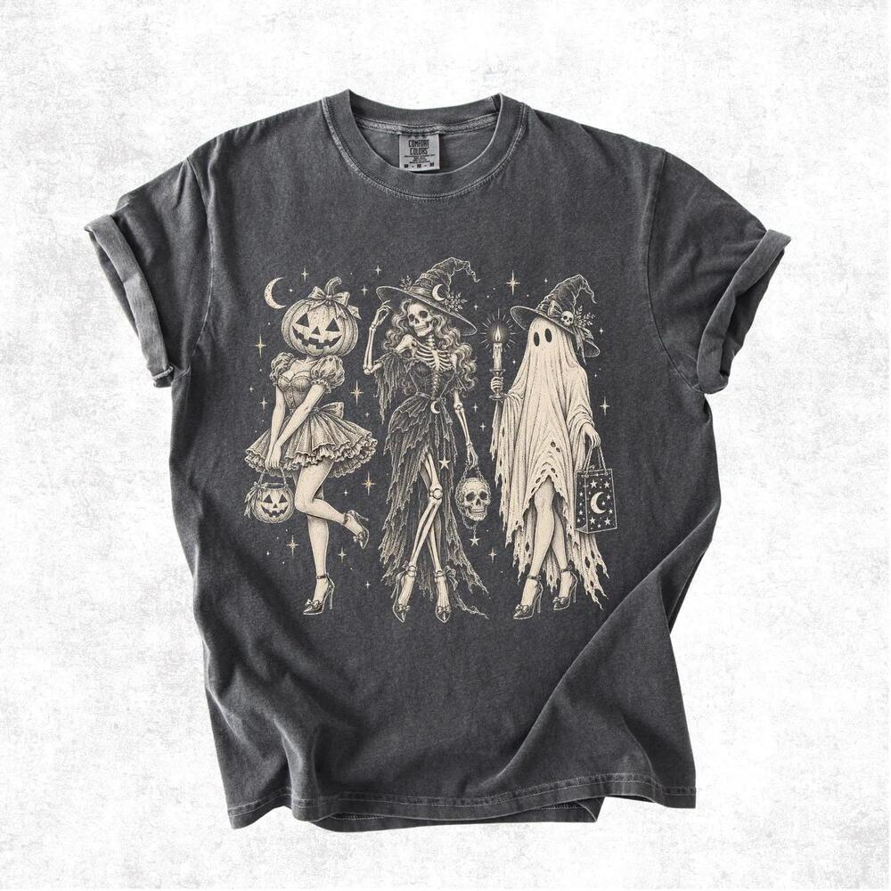 S Halloween Shirt, Spooky Girl Squad Tee, Retro Skeleton Witch Tee